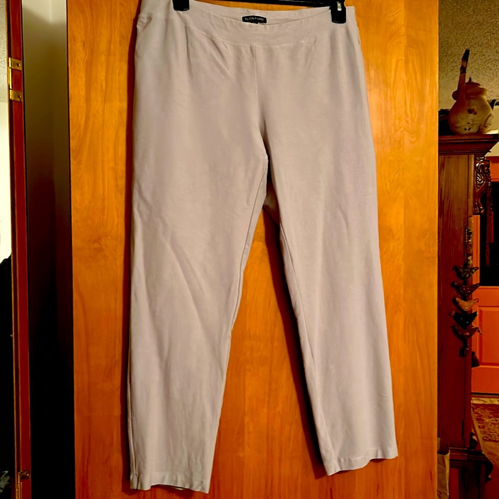 Eileen Fisher viscose, pale grey straight leg slacks.